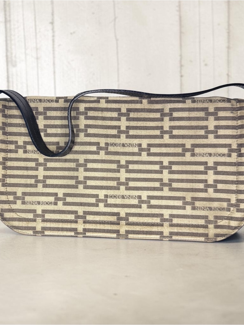 Nina Ricci Beige & Brown Logo Shoulder Bag with Black Strap